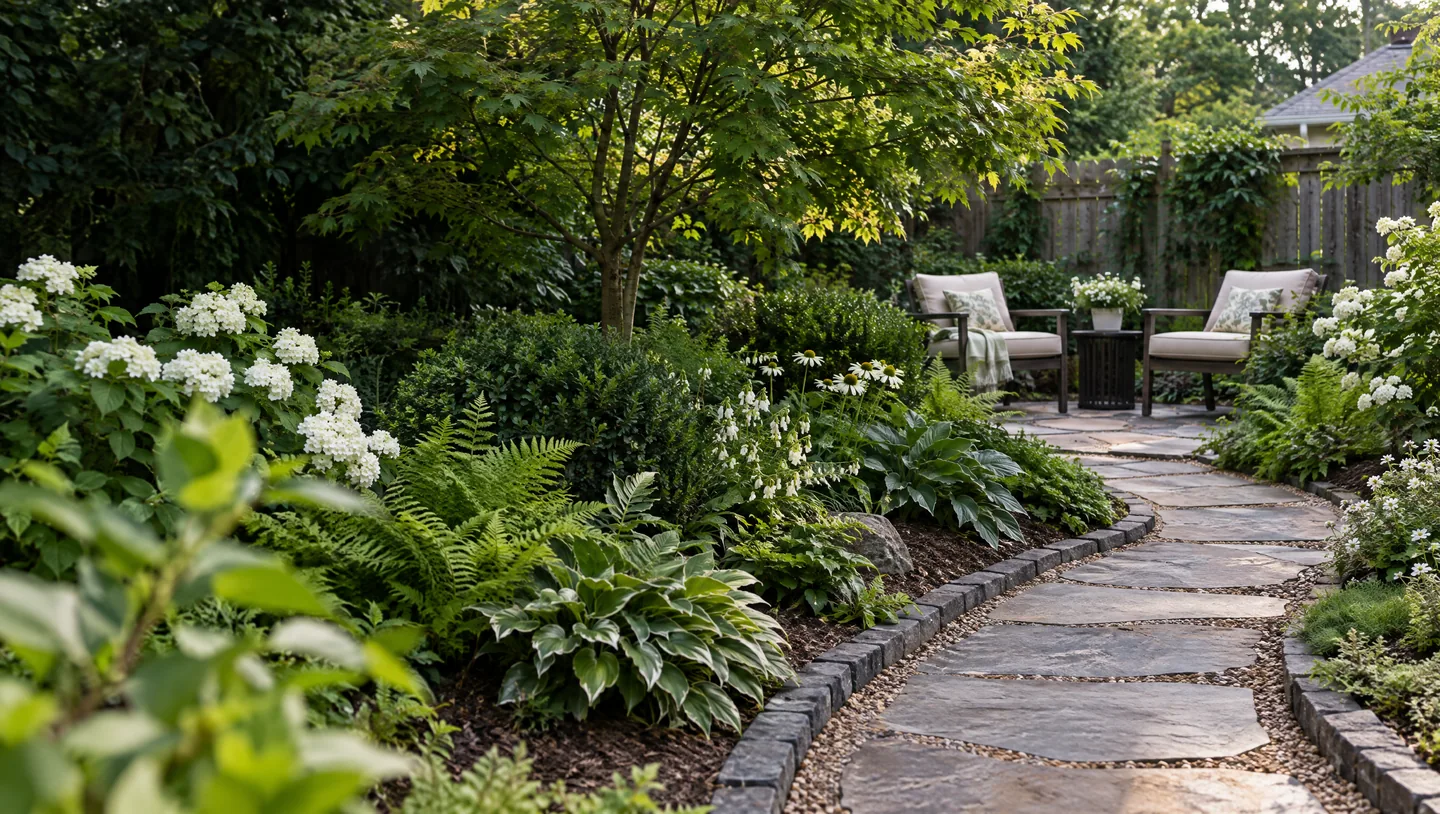 Design concept: a curved stone path through layered planting to two garden chairs