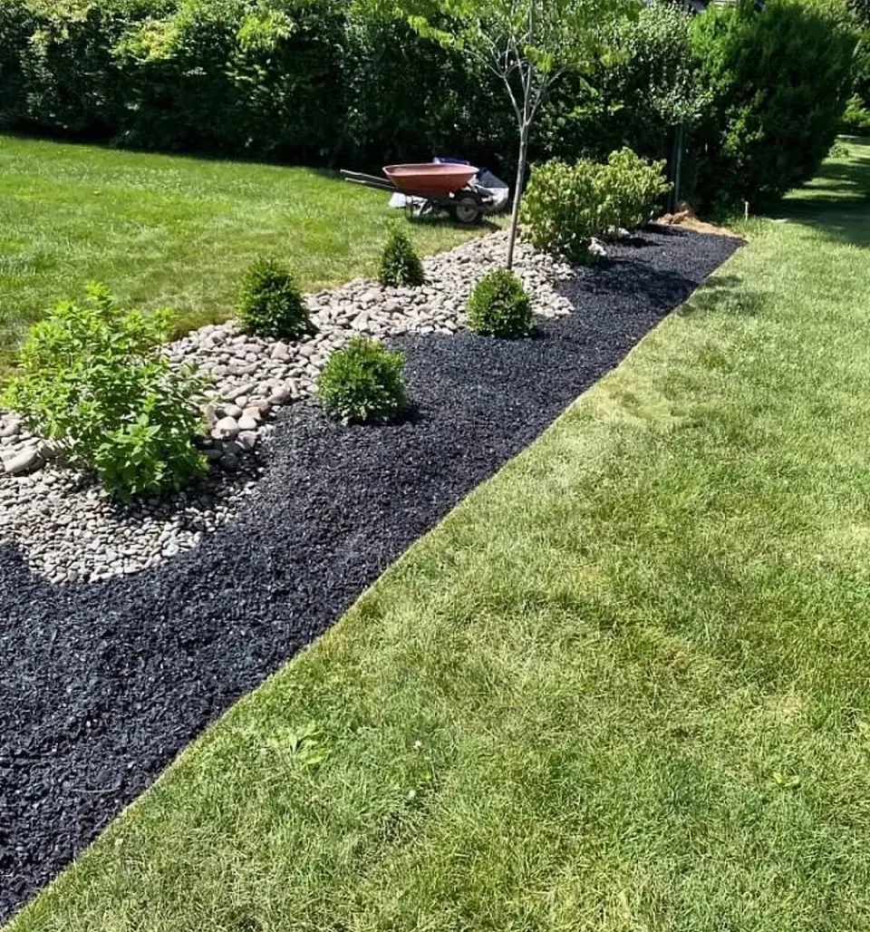 Long bed of black mulch and river stone with young shrubs along a lawn edge